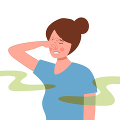 Female cover her nose from unpleasant smell in flat design on white background.