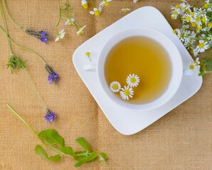 テーブルに載せたハーブティとフレッシュなハーブ、カモミールとミントとラベンダー