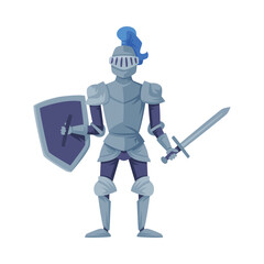 Medieval knight in full armour standing with shield and sword, front view vector illustration