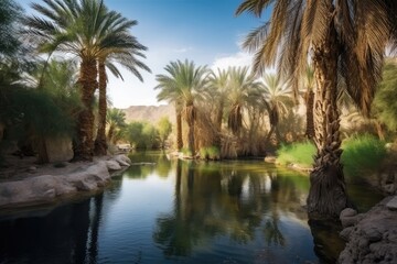 Fototapeta na wymiar oasis with clear spring and palm trees in the desert, created with generative ai