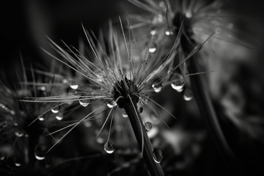 Abstract macro photo of dandelion seeds with water drops grey scale