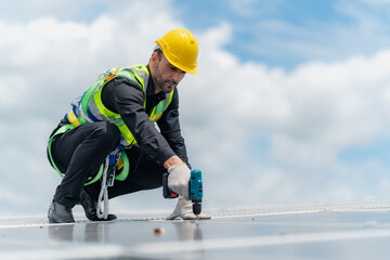 Professional specialist technician engineer working to maintenance checking and installing solar...