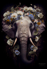 Elephant portrait with colorful flowers and leaves. Creative animal portrait. Generative Ai