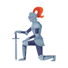 Medieval armored honoring knight. Warrior with sword standing on his knee vector illustration