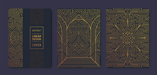 Set of vector Art deco, gatsby golden covers. Creative design templates. Trendy graphic poster, brochure, design, packaging, branding. Geometric shapes, ornaments, elements. Building, city. - obrazy, fototapety, plakaty
