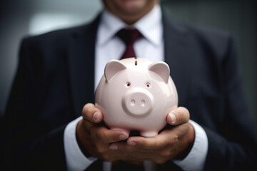 Achieving Financial Success: An unrecognizable man holding a piggy bank with a smile