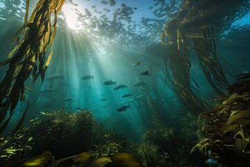 Fototapeta na wymiar enormous kelp forest, with schools of colorful fish swimming among the fronds, created with generative ai