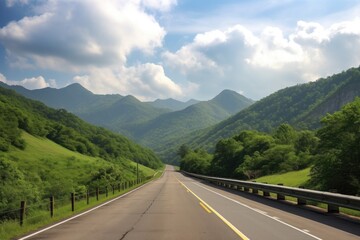 scenic highway with rolling hills and towering mountains in the background, created with generative ai