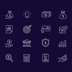 Finance and accounting vector line icons with editable strokes and colors.