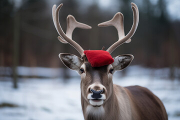a reindeer wearing a christmas hat