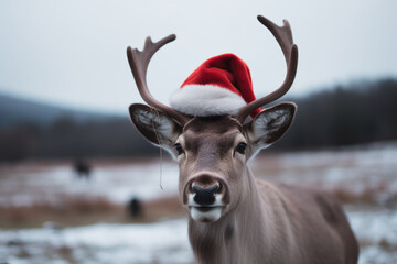 a reindeer wearing a christmas hat