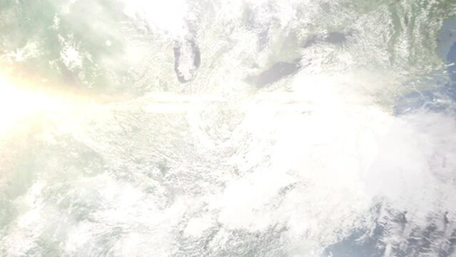 Earth zoom in from outer space to city. Zooming on Middletown, Ohio, USA. The animation continues by zoom out through clouds and atmosphere into space. Images from NASA