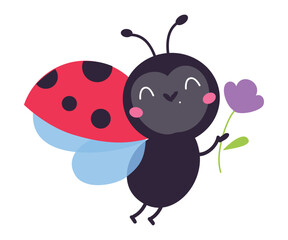 Fototapeta premium Cute flying ladybug. Little winged ladybird insect mascot cartoon vector illustration
