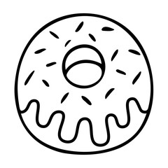 Fototapeta premium Donut. Side view. Sketch. The fried delicacy is poured with icing and sprinkled with sprinkles. Vector illustration. Coloring book. Lush dessert. Doodle style. Outline on isolated background. 
