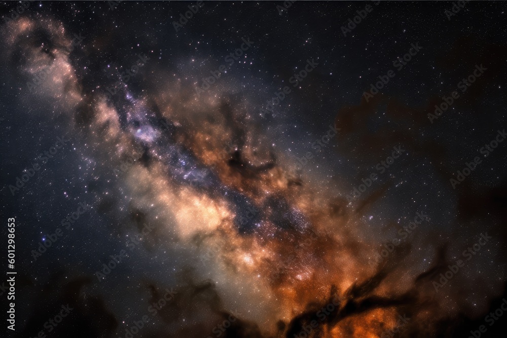 Sticker close-up of galaxy, with bright nebulosities and star clusters visible, created with generative ai