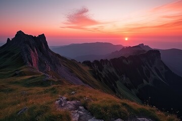 majestic mountain landscape with sunrise, pink and orange sky visible above the horizon, created with generative ai