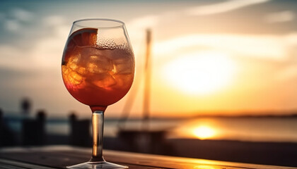 Orange ice cold cocktail in a beach bar at the sunset. Generative ai.