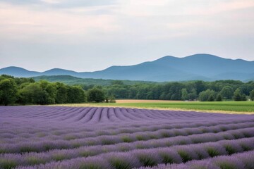 Fototapeta na wymiar lavender field, with view of rolling hills and distant mountains, created with generative ai