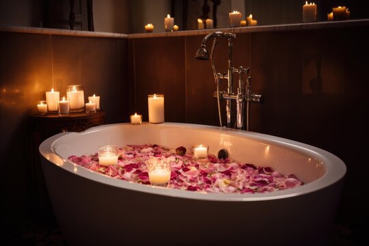 bubbling bath with rose petals and candles for a romantic getaway, created with generative ai