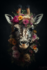 Giraffe portrait with colorful flowers and leaves.  Creative animal portrait. Generative Ai