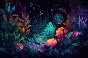 Fototapeta na wymiar neon plants and galaxies, a cosmic combination of vibrant colors and deep space, created with generative ai