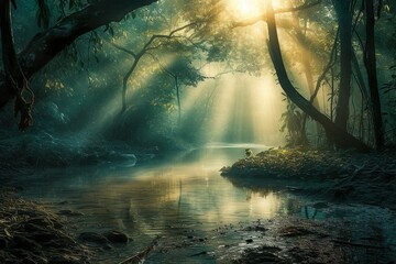 River in the forest with fog and sunlight, a nature landscape background enhanced by Generative AI