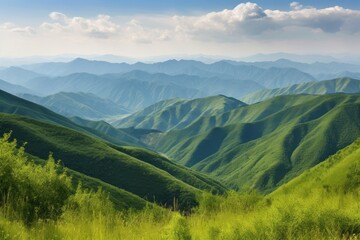 Fototapeta premium majestic mountain range, with rolling hills and valleys in the foreground, created with generative ai