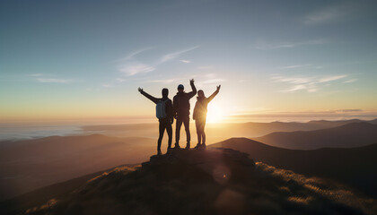 three friends celebrating success on top of a mountain. generative ai