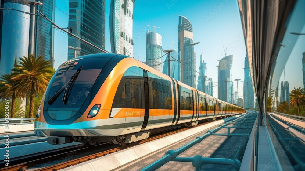 Poster modern train on the background of skyscrapers in dubai. 3d rendering generative ai