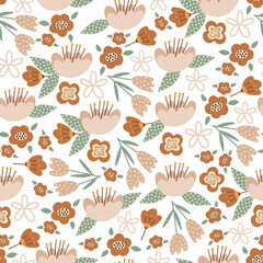 Boho flowers pattern beige pink brown background