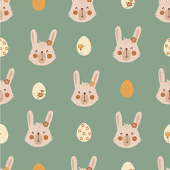 Easter bunny eggs on green pattern background