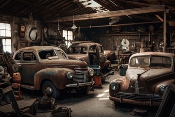Fototapeta na wymiar old garage with vintage cars and trucks in various states of repair, created with generative ai