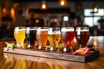beertasting flight with a variety of different craft beers to try, created with generative ai