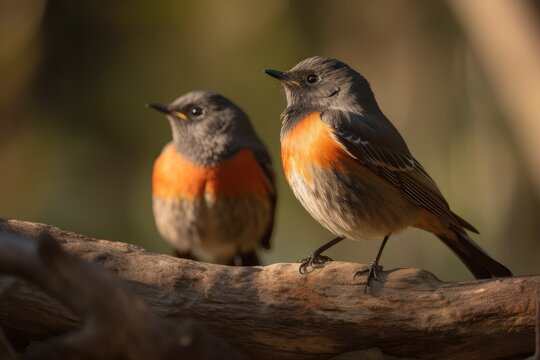 pair of male and female redstarts on branch, their vibrant colors shining, created with generative ai