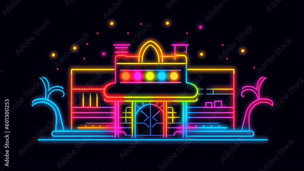 Poster vector illustration of a neon building in neon style on a dark background generative ai