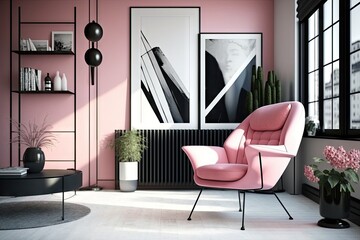 pink armchair in a minimalist room with sleek modern furniture and accents of black, created with generative ai