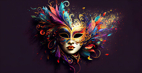 Realistic luxury carnival mask with colourful paints. Clear white background. Generative Ai