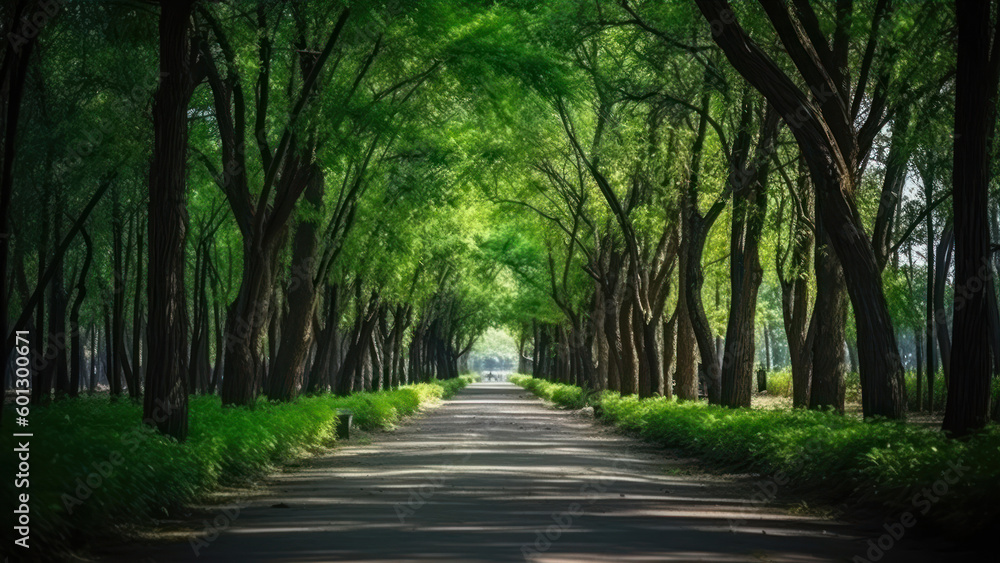 Aufkleber walkway lane path with green trees in forest. beautiful alley in park. pathway way through dark fore