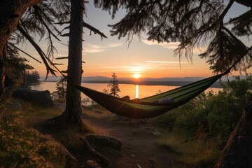 campsite with hammock and view of the sunset, for peaceful relaxation, created with generative ai