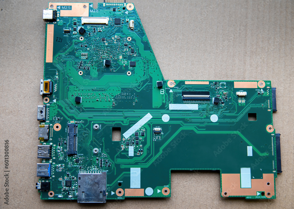 Poster a computer motherboard for a laptop with a processor.