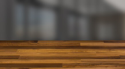 Open space office interior with like conference room. Mockup. 3D rendering., Background with empty wooden table. Flooring.