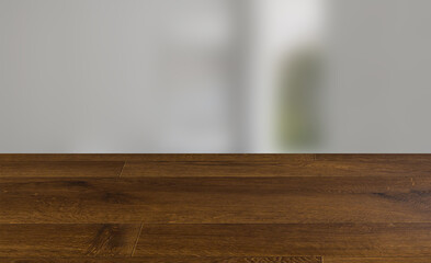 Spacious bathroom in gray tones with heated floors, freestanding tub. 3D rendering., Background with empty wooden table. Flooring.