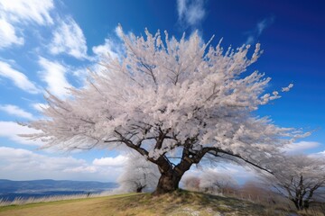 Obraz na płótnie Canvas cherry blossom tree in full bloom, with view of blue sky and clouds, created with generative ai