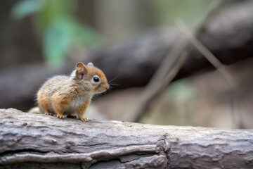 Naklejka na ściany i meble baby squirrel, perched on fallen tree branch, watching the world go by, created with generative ai