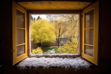 pollen-covered window, with view of the outdoors and blooming trees, created with generative ai