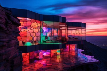ultramodern cliffside villa covered with large colorful tesselated gemmy neon tiles. Generative ai