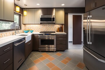 mid-century modern kitchen with stainless steel appliances, sleek tile and glass accents, created with generative ai