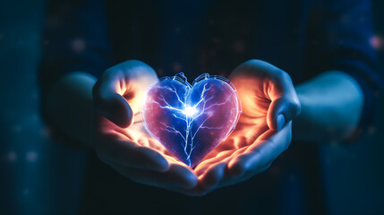 a person holding a heart-shaped flashlight, shining it on a blurry image of a heart with electrical signals emitting from it Generative AI - obrazy, fototapety, plakaty