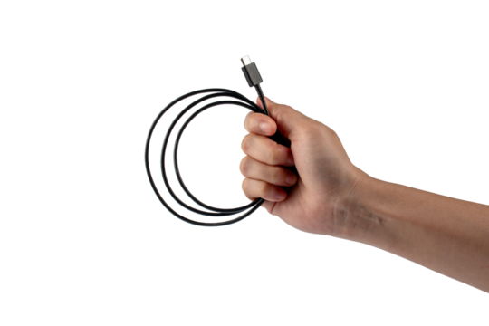 Hand and USB Type-C isolated on transparent background 