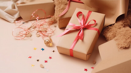 Gift package in kraft paper with pink ribbon on trendy natural beige background with glitter. Zero waste Christmas present packaging. Happy holidays celebration concept, top view